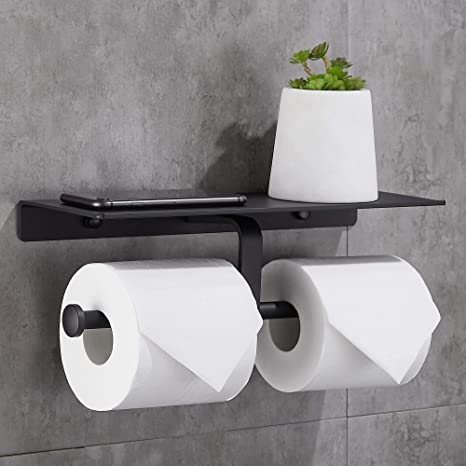 Gricol Double Toilet Paper Holder with Spacious Shelf Toilet Roll Tissue Holder No Drilling with Mobile Phone Shelf for Bathroom (Black)