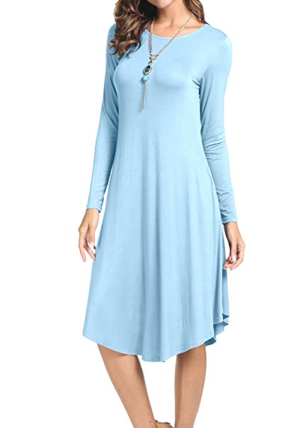 Levaca Women's Plain Long Sleeve Pockets Pleated Loose Swing Casual Midi Dress