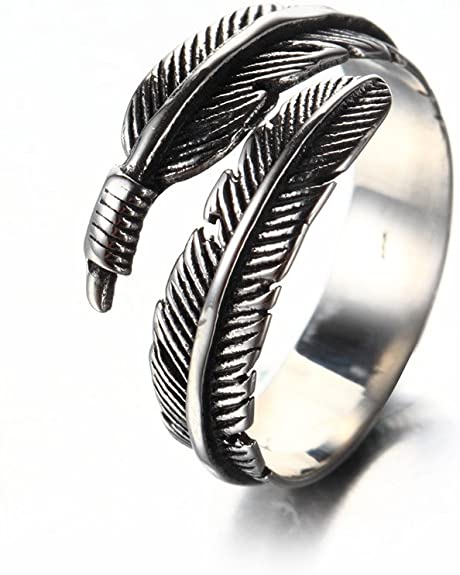 Oakky Unisex Men's Women's 316l Stainless Steel Ring Vintage Feather Wrap Black Silver