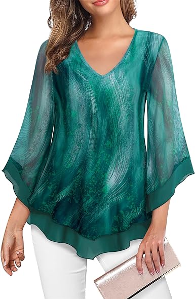 Lotusmile Womens Dressy Blouse Double Layers Mesh Shirt Ruffle 3/4 Flared Sleeve Tunic Tops