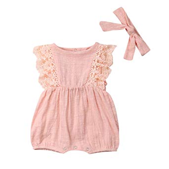 LSOOCWRL Infant Baby Girl Ruffle Lace Sleeve Romper Jumpsuit Bodysuit Outfits with Headband Princess Summer Clothes