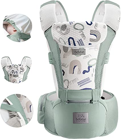 Bebamour Mesh Baby Carrier Front and Back Carry Baby to Toddler Baby Hip Carrier with 3 Pieces Teething Pads (Print Green)