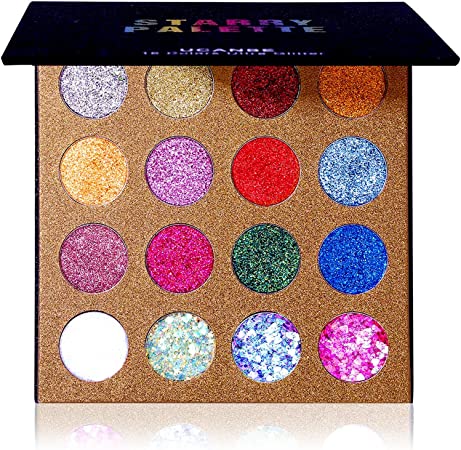 UCANBE Pro Glitter Eyeshadow Palette - Professional 16 Colors - Chunky & Fine Pressed Glitter Eye Shadow Powder Makeup Pallet Highly Pigmented Ultra Shimmer for Face Body