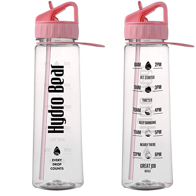 Hydro Bear Motivational Fitness Sports Water Bottle with Time Marker | Measurements | Drink More Water Daily | BPA Free Tritan with Flip Straw | for Outdoors; Adults | Large 30 Ounce
