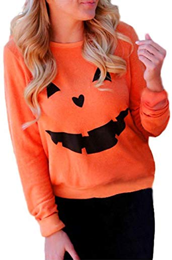 Women's Halloween Pumpkin Face Long Sleeve Sweatshirts Casual Pullover Tops
