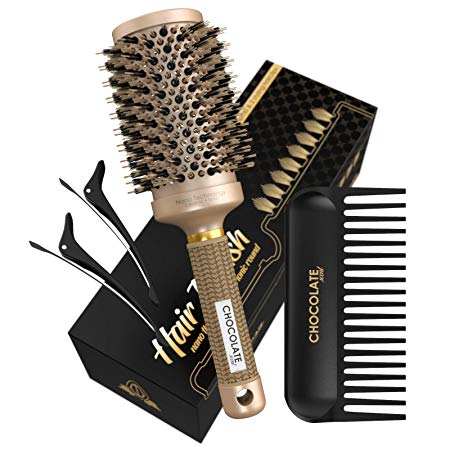 Round Hair Brush with Natural Boar Bristles for Blowouts by Chocolate Scent | 2-inch Barrel Round Brush for Blow Drying and Hairstyling |Hairbrush   Detangling Wide Tooth Comb and Hairclips