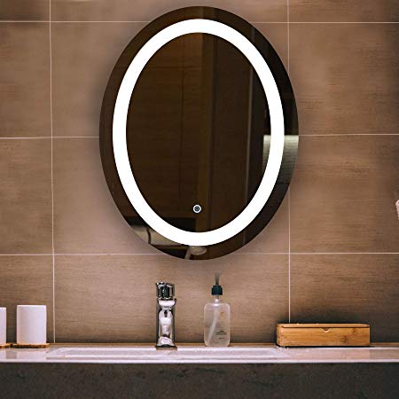 CO-Z Dimmable Oval LED Bathroom Mirror, Plug-in Modern Lighted Wall Mounted Mirror with Lights&Dimmer, Contemporary Fogless Light Up Backlit Touch Vanity Cosmetic Bathroom Mirror Over Sink