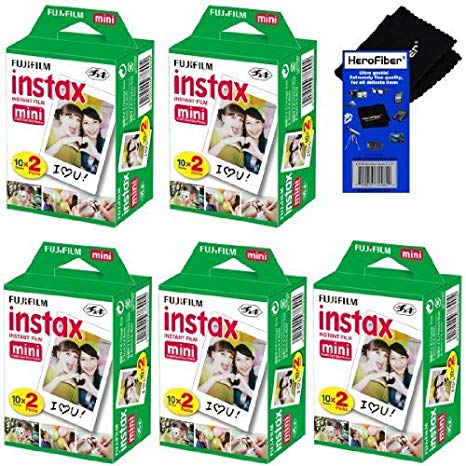 HeroFiber Fujifilm Instax Mini Twin Pack Instant Film -5 pack (100 sheets) for Fujifilm Instax Mini 7s, Mini 8, Mini 9, Mini 25, Mini 50S, Mini 90, SP-1 & SP-2 Smartphone Printers Cleaning Cloth