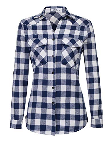 Womens Flannel Shirt Tartan Gingham Checkered Long Sleeve Button Down Plaid Shirt