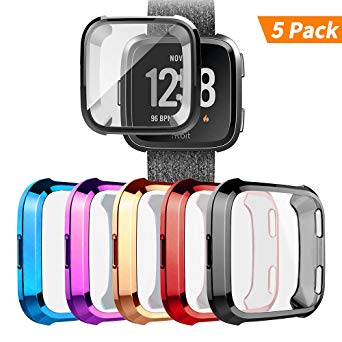 [5-Pack] Screen Protector Case Compatible with Fitbit Versa,All-Around Soft TPU Plated Cover Ultra Slim Scratch-Proof Bumper Shell (Black Red Blue Purple Rose Gold)
