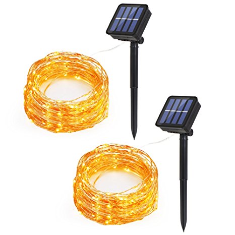 Syntus 2 Pack 100 LED Outdoor String Lights 33ft Solar Decorative Light For Garden, Wedding, Parties, Christmas Holiday Decoration (Warm White)