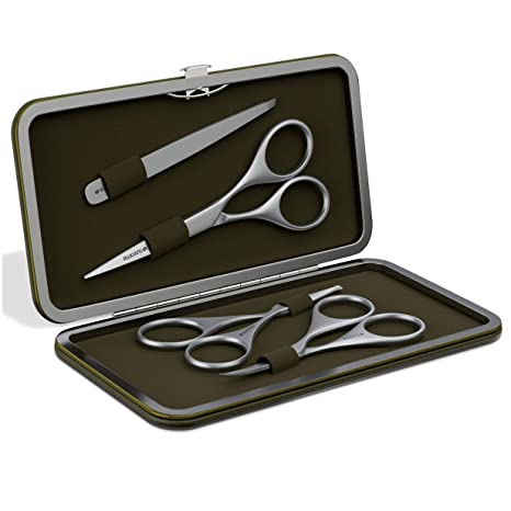 Suvorna Professional Men's Grooming Facial Hair Removal/Trimming Kit 4 Pcs. Mustache & Beard, Ears & Nose and Eyebrow Scissors along with Slant Tweezers. Comes with. (Brown Green)