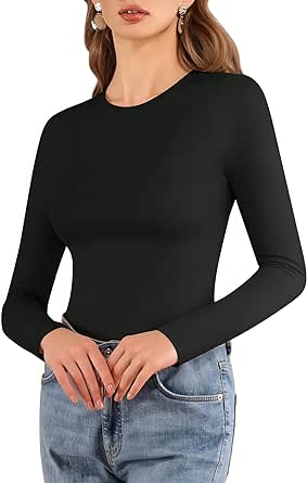 MANGOPOP Crew Neck Long Sleeve T Shirts for Women Fitted Shirts Tight Neck T Shirts Basic Tee Tops