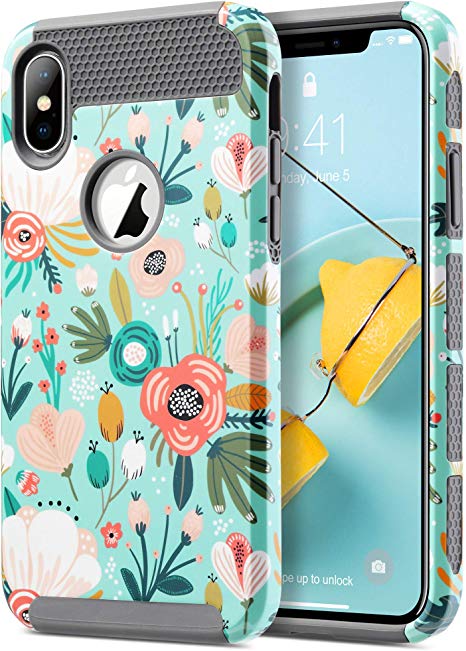 ULAK iPhone Xs Case, iPhone X Case, Slim Fit Hybrid Hard PC Back Cover with Flexible Shock Absorption TPU Bumper Anti-Scratch Protective Phone Case for Apple iPhone X/XS 5.8 Inch, Mint Floral