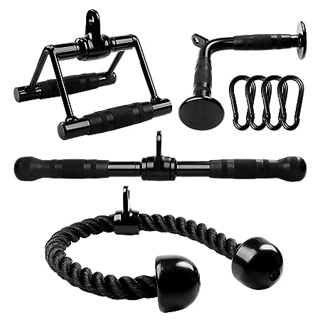 Yes4All Black Combo Tricep Press Down Cable Machine Attachment, LAT Pulldown Attachments for Gym Set with Tricep Pull Down Rope, Double D Handles, V-Shaped Bar and Rotating Pull Down Straight Bar