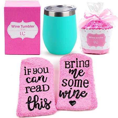 Stainless Steel 12 oz Wine Tumbler   Cupcake Wine Socks Gift Set | Double Insulated Stemless Wine Tumbler with Lid, Light Blue | Includes Funny Socks"If You Can Read This, Bring Me Some Wine"