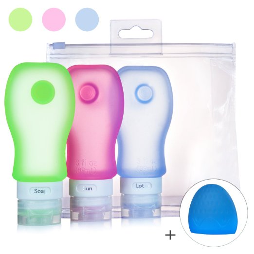 Imanom Leak Proof Travel Bottles With Suction 3 oz Set Approved For Carry On Luggage Silicone Bottles With Bag (Orange Pink Blue Green)