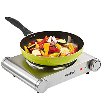 VonShef Hot Plate | Portable Electric Hob with Temperature Control for Home, Camping and Caravan Cooking | Single | Stainless Steel