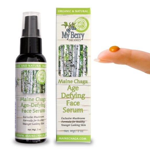 Maine Chaga Age-Defying Face Serum, New Innovation of Mushroom Complex Developed Exclusively By My Berry Organics To Retain Younger Looking Skin. This Mushroom Formula Has Extraordinary Levels of Antioxidants and Amino Acid Complexes. Also Contains Important Melanin and Betulin That Vitamin C Serums Do Not Contain. 2 Oz. Value Size
