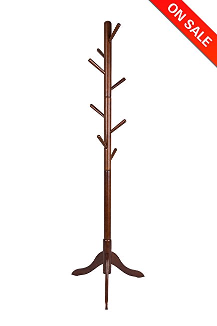 Vlush Standing Coat Rack - 8 Hooks Solid Rubber Wood Entryway Hall Tree Coat Tree with Tripod Base for Coat Hat Purse Jacket, Coffee