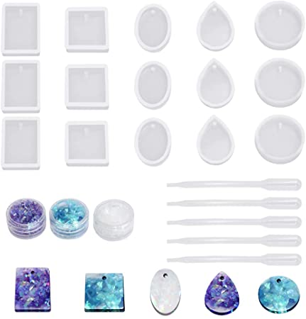 15 Pcs Jewelry Casting Molds,Sonku Silicone Pendant Resin Moulds with Hanging Hole,3 Pcs Glitter Sequins and 5 Pcs Plastic Droppers for Jewelry DIY Craft Making-5 Styles