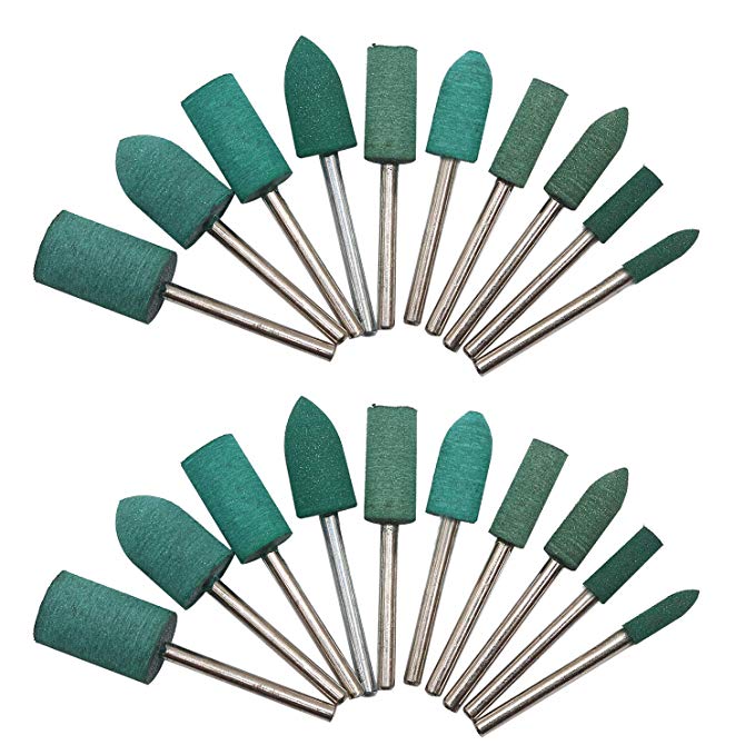 HEYMOUS Rubber Polishing Bits Bullet Cylinder Shape Polishing Burrs Bit,Electric Drill,Rotary Tool Accessories 3 mm Mandrel 20 Pieces (Green)