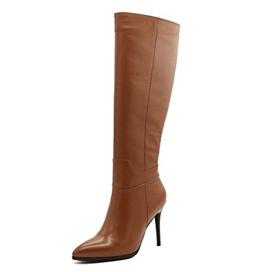 VOCOSI ZB-030 Women's Classic Side-Zip High Heels Leather Riding Boots Pointy Toe Knee-High Dress Boot