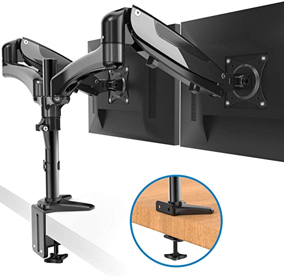 Dual Monitor Stand - Height Adjustable Gas Spring Monitor Desk Mount Fits 2 Computer Screens 15 to 27 Inch, Double Articulating Arms VESA Bracket with C Clamp, Bolt-Through Grommet Mounting