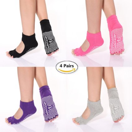 Pack of 4 Toeless Yoga Pilates Socks Grippy Barre Non Slip Skid Cotton for Women