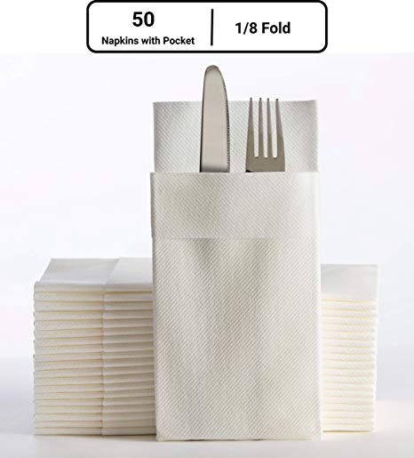 Moyes Home Kangaroo Air Laid Napkin,Perfect Size(16x16 inches,1/8 Fold, Pack of 50) Linen-Feel, Disposable,Soft & Perfect Dinner Napkins Built-in Flatware Pocket for Weddings,Parties or Events (White)
