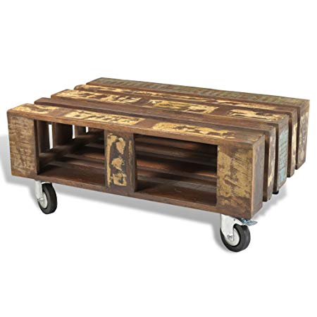 Festnight Antique-Style Coffee Table with Storage Section and Wheels, 31.5" x 22" x 13.4", Reclaimed Wood