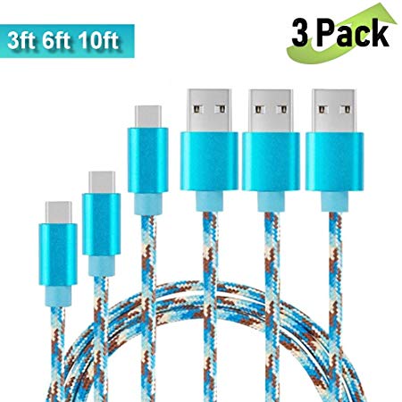 (3 Pack Camouflage Blue 3ft 6ft 10ft) USB Type C Cable, USB A to USB C Data Sync Charging Cable Nylon Braided Type-C Cable, Long Cord Type C Braided Cable For Galaxy S9,S9 Plus Android Charger Charging Cord