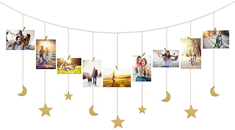 IMIKEYA Clip Photo Display,Wall Photo Shelf,Charming Stars and Moons Hanging Photo Display Picture Frame with 30 Wood Clips Wall Art Decoration for Nursery Room Home Office