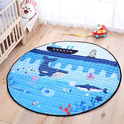 Baby Kids Play Mat, Foldable Toys Storage Organizer Children Play Rugs with 60 Inches Large Diameter Soft Cotton and Washable (Blue Whale)