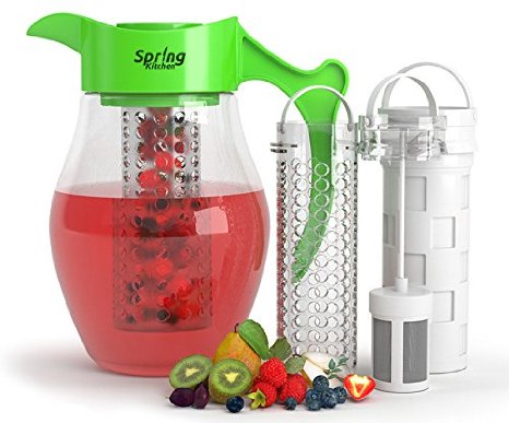 Spring Kitchen 3 in 1 Fruit & Tea Infusion Water Pitcher. Large 3 Quart (2.8 Liters). Best For Flavored Infused Fruit, Tea or Herbs Beverages. Includes 3 Inserts for Fruit, Tea & Ice. Lime Green