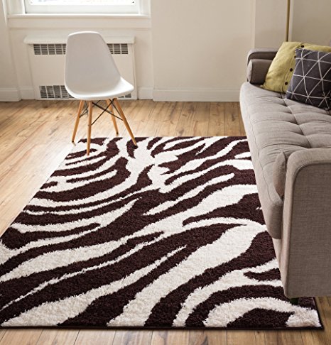 Modern Animal Print 7x10 ( 6'7'' x 9'10'' ) Area Rug Shag Zebra Brown Ivory Plush Easy Care Thick Soft Plush Living Room