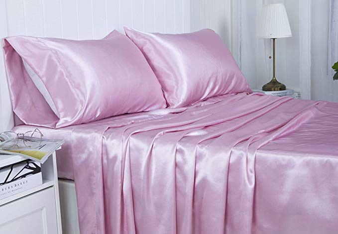 Lanest Housing Silk Satin Sheets, 4-Piece King Size Silk Bed Sheet Set with Deep Pockets, Cooling and Soft Hypoallergenic Silk Sheets King - Pink