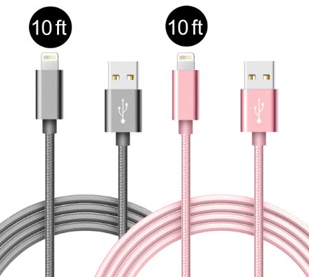 Lightning Cable 10 ft , IVVO 2 Pack Nylon Braided Durable USB Sync and Charging Cable for Apple iPhone 6s/6/5s/5/SE, iPad Pro, iPad Air, iPad Mini (Gray Rose Golden)