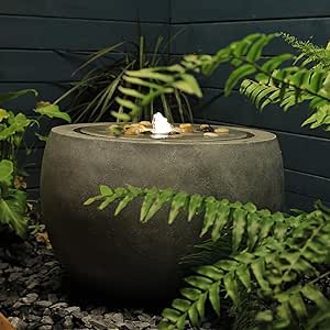 Garden Water Fountain Outdoor Water Feature Indoor with Lights & Pump and Pebbles,Round Flow Fountain Concrete Effect for Patio Deck Pond Yard Home Decor, Gray, 17.7 "L x 17.7" W x 11.4" H