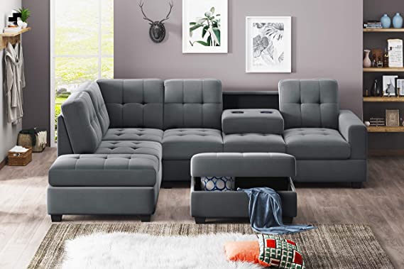 3-Piece Modular Sofa, Microfiber Sofa, with footrests and Cup Holders for Reclining Chair