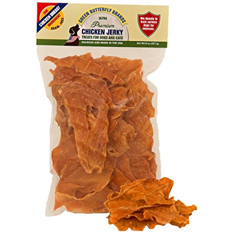 Green Butterfly Brands Chicken Jerky - Dog Treats Made in USA Only - One Ingredient: USDA Grade A Chicken Breast - No Additives or Preservatives - Grain Free, All Natural Premium Strips 8 oz.