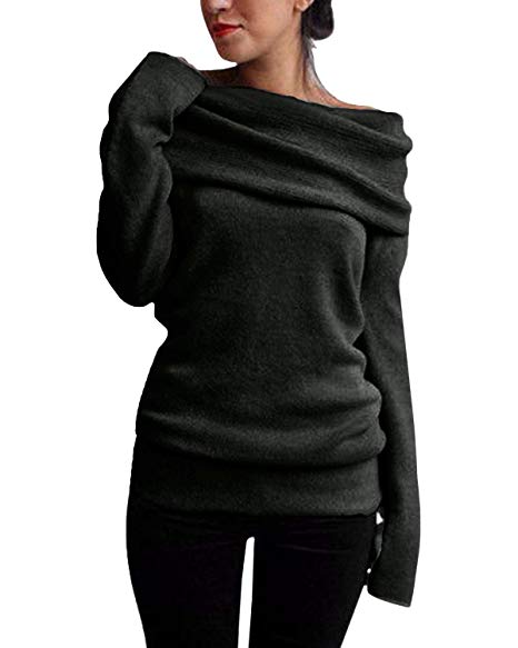 StyleDome Women Off Shoulder Cowl Neck Long Sleeve Sweater Knitted Pullover Jumper Tops