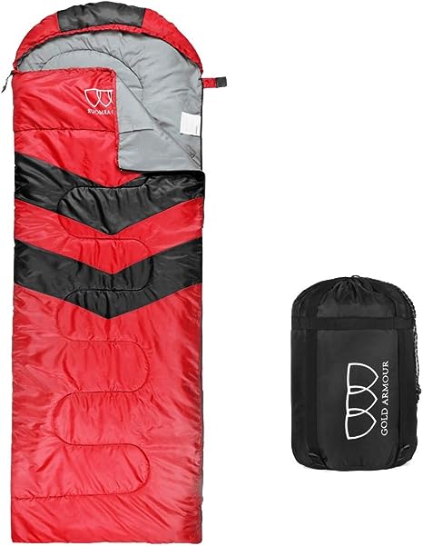 Gold Armour Sleeping Bag for Indoor and Outdoor Use - Great for Kids, Boys, Girls, Adults, Lightweight for Sleepover, Backpacking, Camping Gear Accessories (Red/Black Left Zipper, Single)