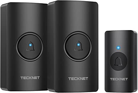 TECKNET Wireless Doorbell, Twin Cordless Doorbell Waterproof Wall Plug-in Door Chime Kit with 400M /1300 Ft Wireless Range, 38 Chimes, 4-Level Volume & Blue LED Light, Best for Plug in Door Entry Bell