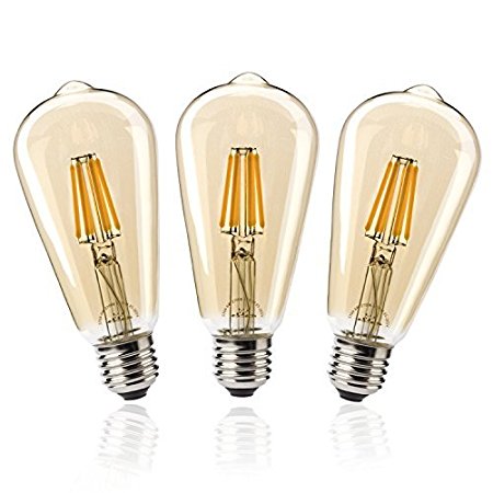 Leadleds 6W Amber Vintage LED Filament Light Bulb Edison Style, 60 Watt Equivalent, 2700K Warm White, Medium Base Non Dimmable for Decorative Lighting, Living Room, Wall Lamps, Hotel, 3-Pack