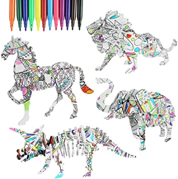 3D Coloring Puzzle for Kids, Arts and Crafts Toy Gift for Girls and Boys, Age Games 7 8 9 10 11 12 Years Old, Animal Painting KIT, Fun Creative Birthday DIY Game for Kids, Adults (4 Pack