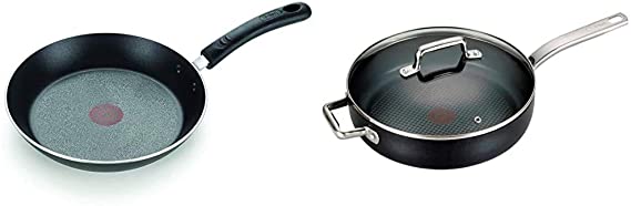 T-fal E93808 Professional Nonstick Fry Pan, 12.5", Thermo-Spot Heat Indicator, Black & C51782 ProGrade Titanium Nonstick Thermo-Spot with Induction Base Saute Pan Jumbo Cooker Cookware, 5-Quart, Black