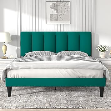 VECELO Queen Bed Frames, Upholstered Platform Bedframe, Adjustable Headboard, Wood Slat Support, No Box Spring Needed, Easy Assembly, Dark Green