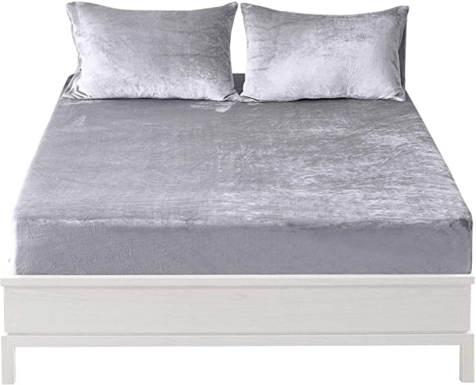 Jepson Fur Velour Flannel Fitted Bed Sheet Only 16 Inch Deep Pocket Stay On with Elastic Around Winter Warm Fuzzy Bottom Sheet,King Grey
