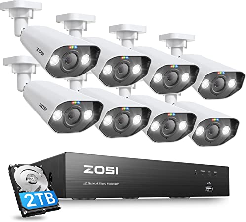 ZOSI 8CH 4K Spotlight PoE Security Camera System,8pcs 4K Outdoor Indoor IP Cameras with 2-Way Audio and Siren,Night Vision,Human Detection,8 Channel 8MP NVR Recorder with 2TB HDD for 24-7 Recording